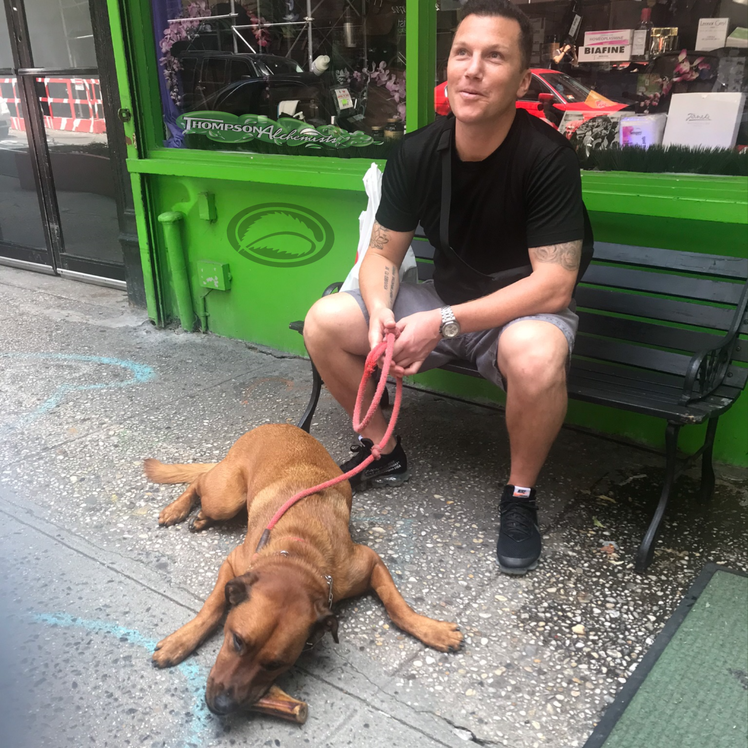 Rego Barks hanging out with Sean in front of Thompson Alchemists